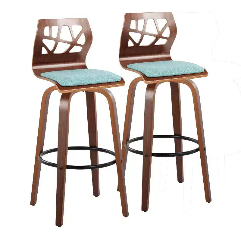 Set of 2 Folia Barstools Walnut/Black/Teal - LumiSource: Mid-Century Modern Swivel Upholstered Wood Frame