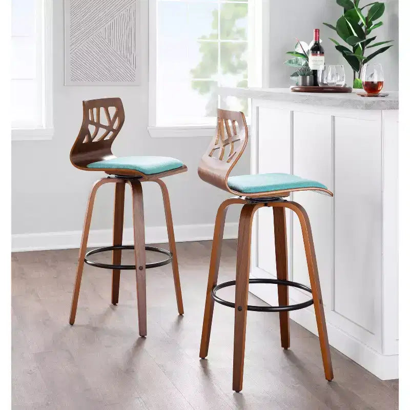 Tabourets de bar Noyer/Noir/Sarcelle Pivotants Rembourrés Bois Style Mid-Century Modern