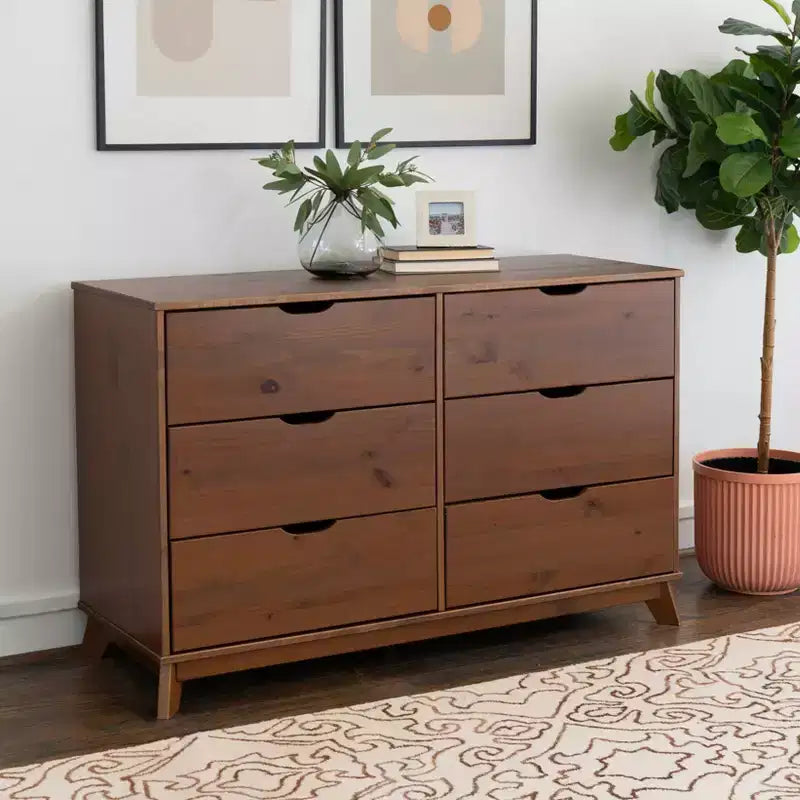 Powell Pensy Solid Wood Mid-Century Modern 6 Drawer Dresser Walnut: Bedroom Storage Pine Frame Metal Glides