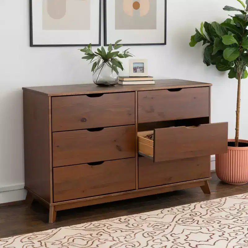 Commode à 6 tiroirs en noyer, bois massif, style Mid-Century Modern : Rangement de chambre