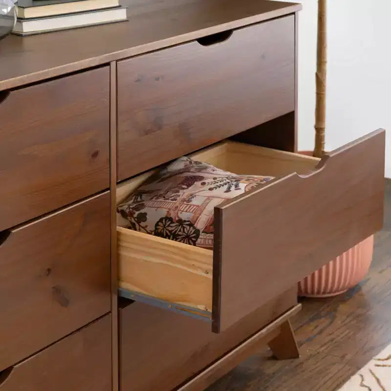 Commode à 6 tiroirs en noyer, bois massif, style Mid-Century Modern : Rangement de chambre