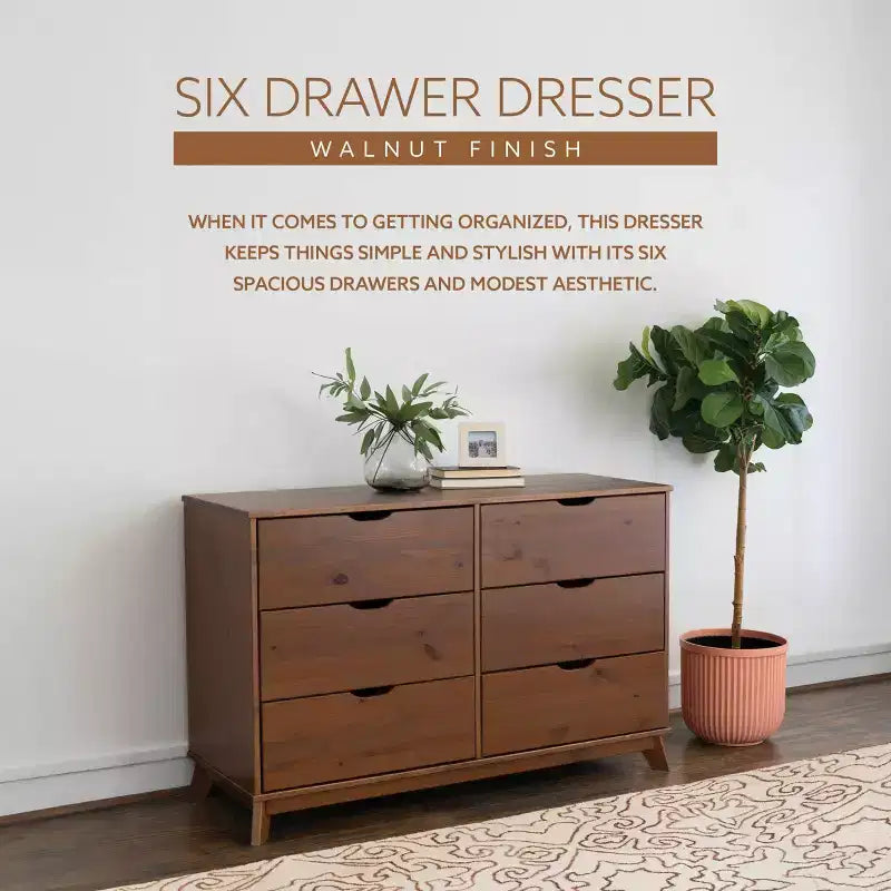 Commode à 6 tiroirs en noyer, bois massif, style Mid-Century Modern : Rangement de chambre