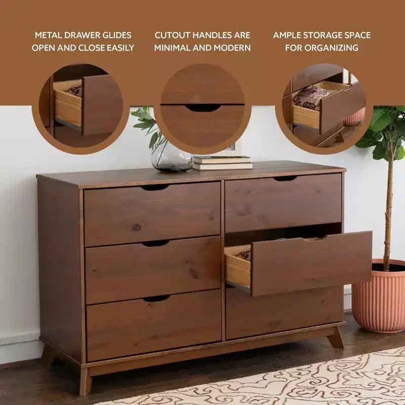 Commode à 6 tiroirs en noyer, bois massif, style Mid-Century Modern : Rangement de chambre