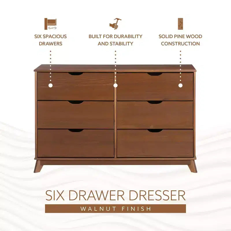 Commode à 6 tiroirs en noyer, bois massif, style Mid-Century Modern : Rangement de chambre