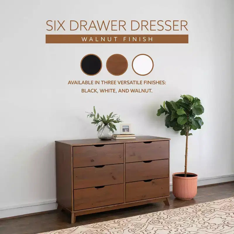 Commode à 6 tiroirs en noyer, bois massif, style Mid-Century Modern : Rangement de chambre