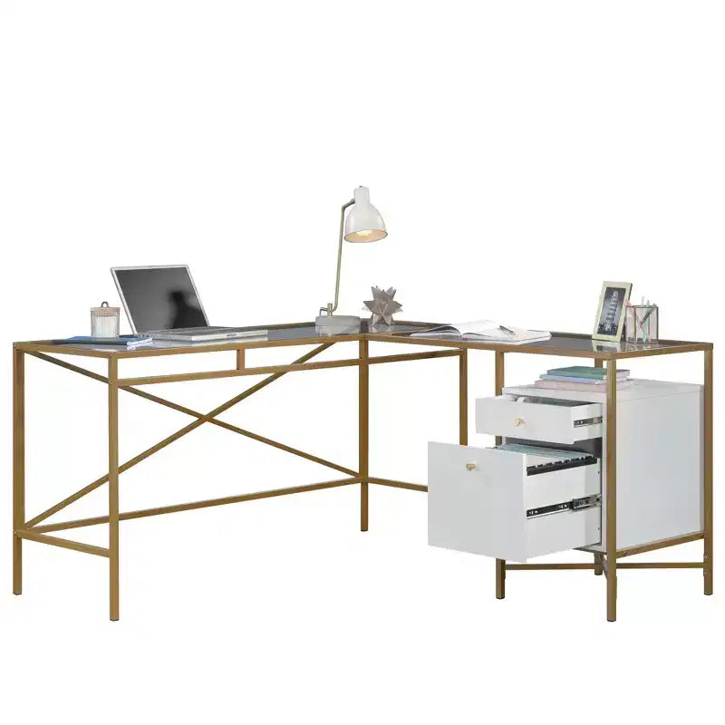 Bureau d'angle blanc avec plateau en verre