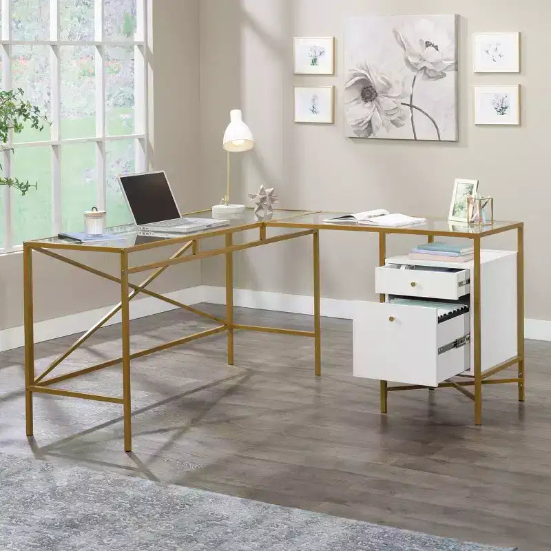 Bureau d'angle blanc avec plateau en verre