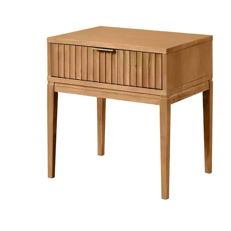 Nathan James Boho Wood Fluted Side Table with Drawer Brown: Mid-Century Modern Brass Handle Tapered Legs