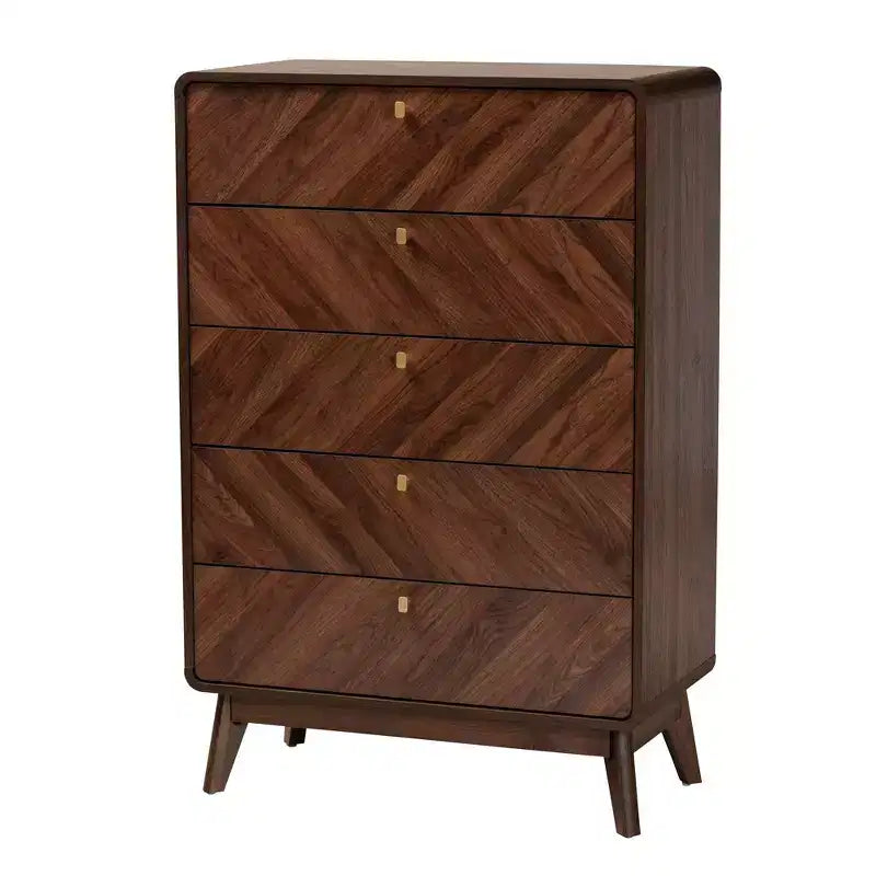Baxton Studio Markell Wood 5 Drawer Storage Chest Walnut Brown/Gold: Mid-Century Modern Design Bedroom Organizer