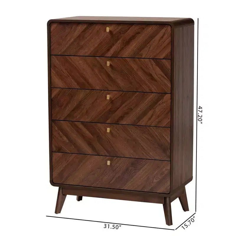 Commode de rangement 5 tiroirs en bois Noyer/Or