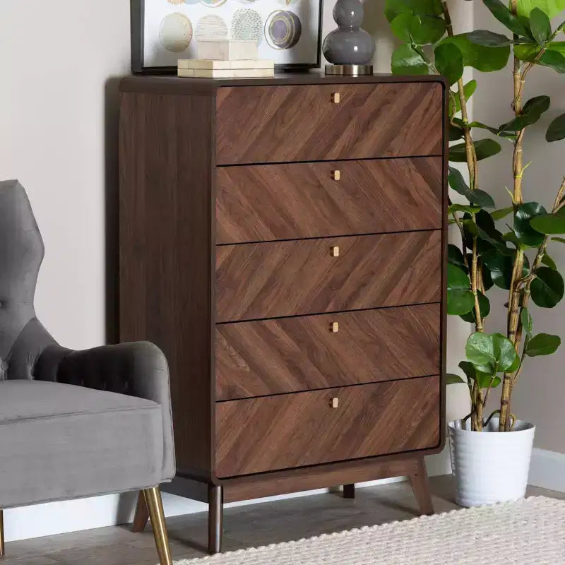 Commode de rangement 5 tiroirs en bois Noyer/Or