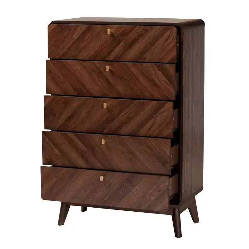 Commode de rangement 5 tiroirs en bois Noyer/Or