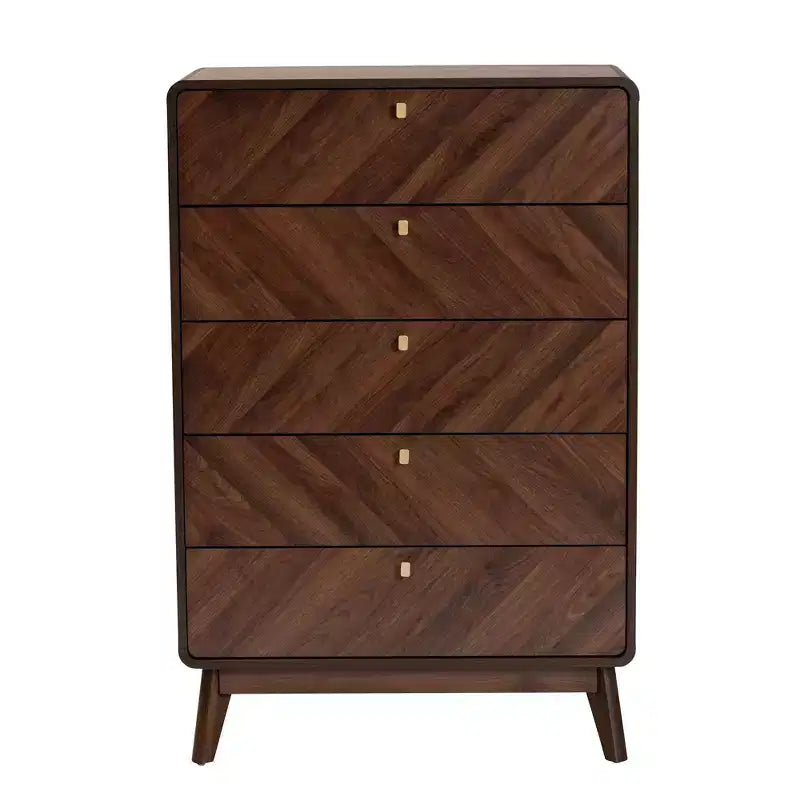 Commode de rangement 5 tiroirs en bois Noyer/Or