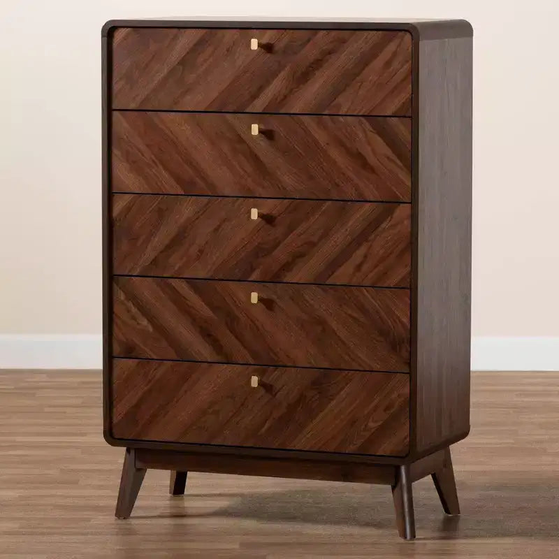 Commode de rangement 5 tiroirs en bois Noyer/Or