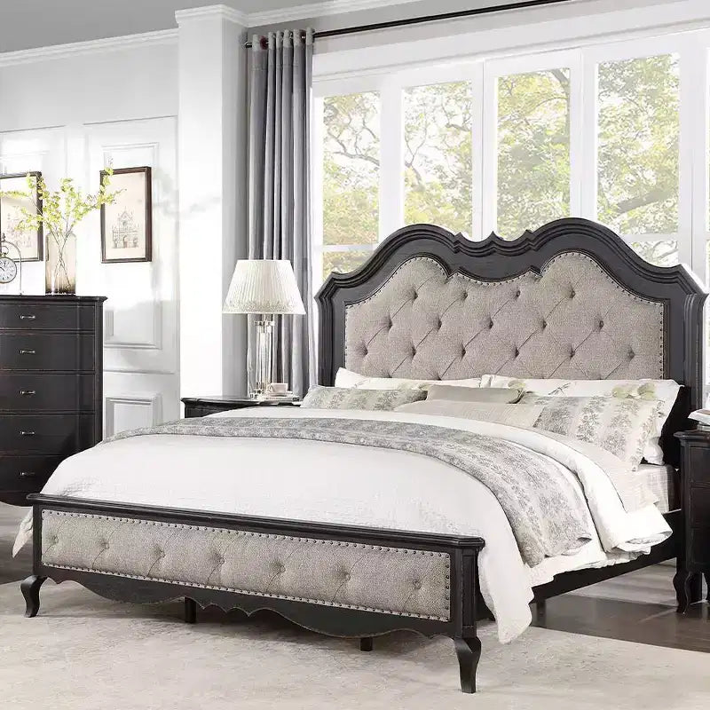 Lit King Size Tête de Lit Capitonnée avec Clous Décoratifs