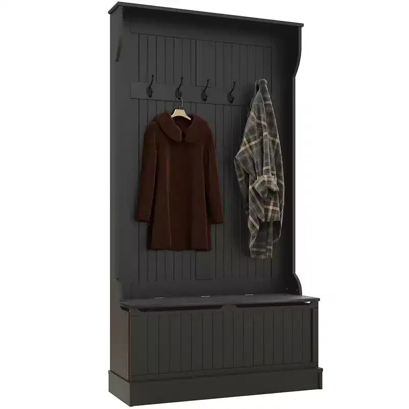 HOMCOM 3-In-1 Hall Tree Storage Bench and Coat Rack with 5 Steel Double Hooks and Anti-Topple Anchor for Entryway