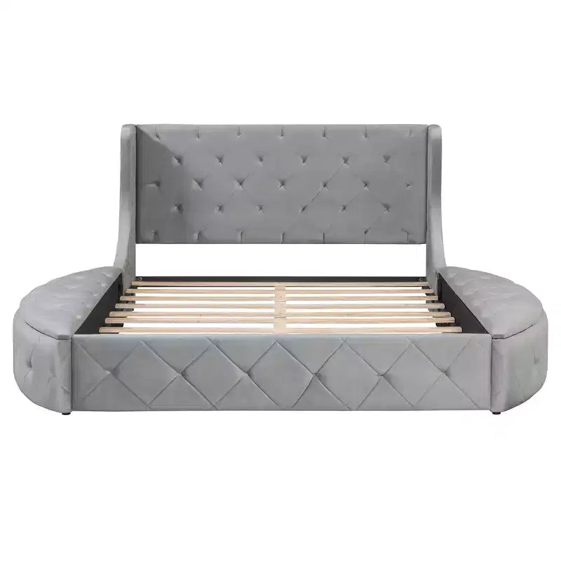 Lit plateforme de rangement capitonné avec tête de lit à oreilles