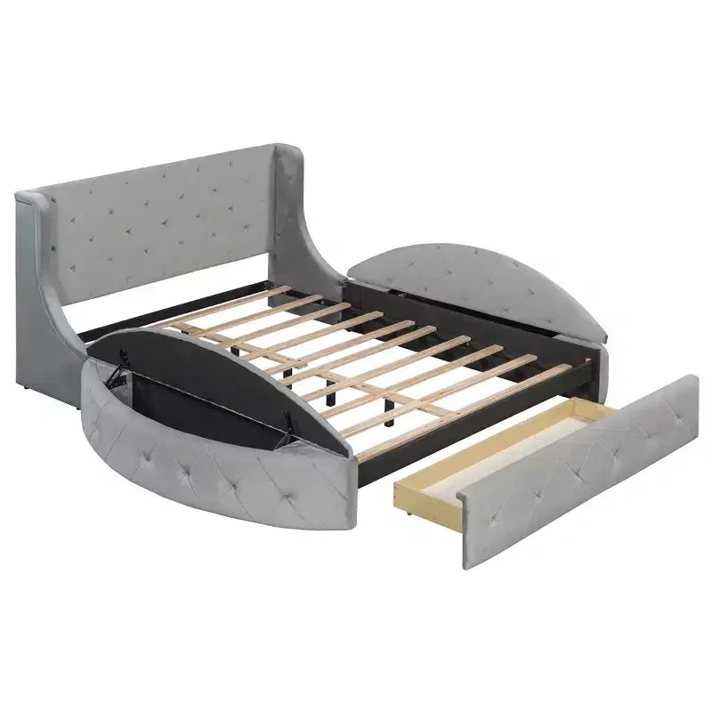 Lit plateforme de rangement capitonné avec tête de lit à oreilles