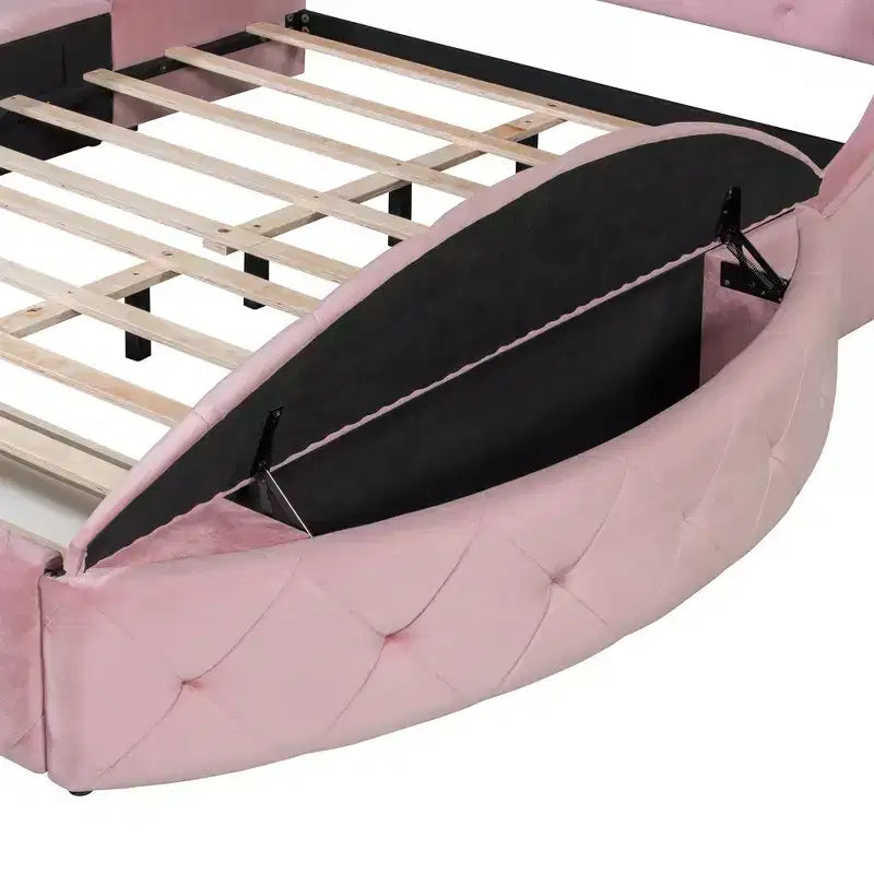 Lit plateforme de rangement capitonné avec tête de lit à oreilles