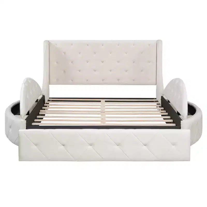 Lit plateforme de rangement capitonné avec tête de lit à oreilles