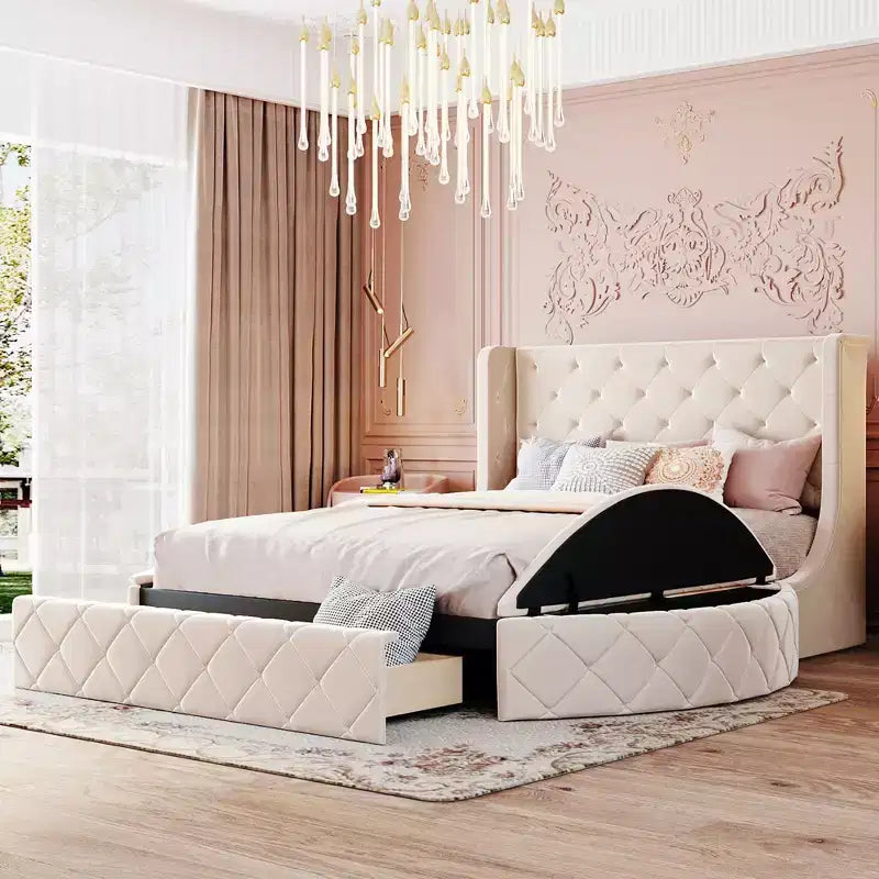Queen Size Upholstered Storage Platform Bed with Wingback Headboard 1 Big Drawer and 2 Side Storage Stool-ModernLuxe