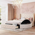 Queen Size Upholstered Storage Platform Bed with Wingback Headboard 1 Big Drawer and 2 Side Storage Stool-ModernLuxe