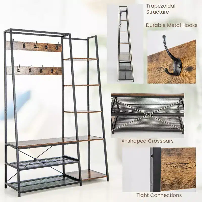 Porte-manteau d'entrée avec banc de rangement à chaussures, arbre d'entrée en bois autoportant