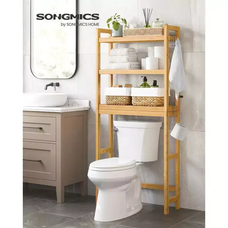 Meuble de rangement 3 niveaux en bambou à poser au-dessus des toilettes