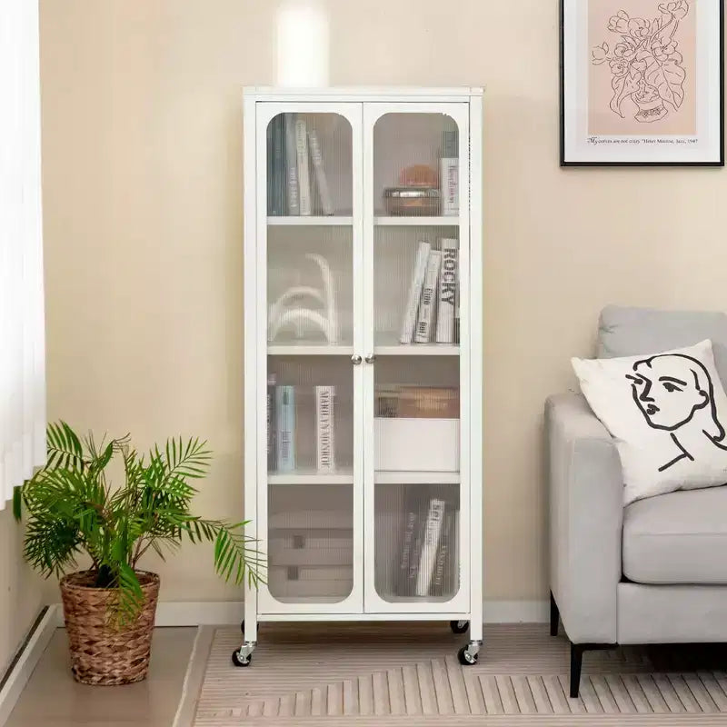 Meuble de rangement à roulettes avec 2 portes translucides et étagères réglables