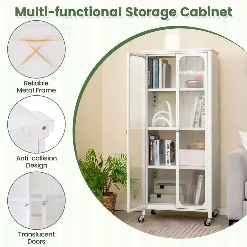 Meuble de rangement à roulettes avec 2 portes translucides et étagères réglables