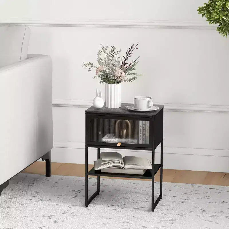 Table de chevet à 3 niveaux avec porte et étagère ouverte