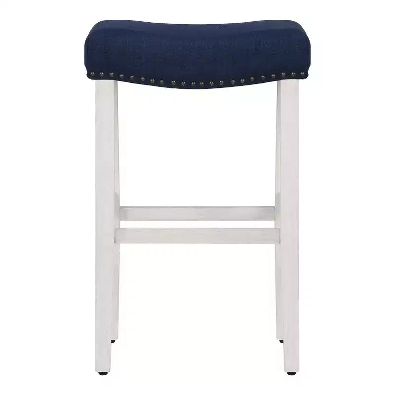 Tabouret de bar sans dossier avec assise rembourrée en forme de selle blanc antique/bleu marine