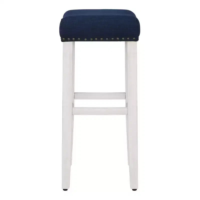Tabouret de bar sans dossier avec assise rembourrée en forme de selle blanc antique/bleu marine