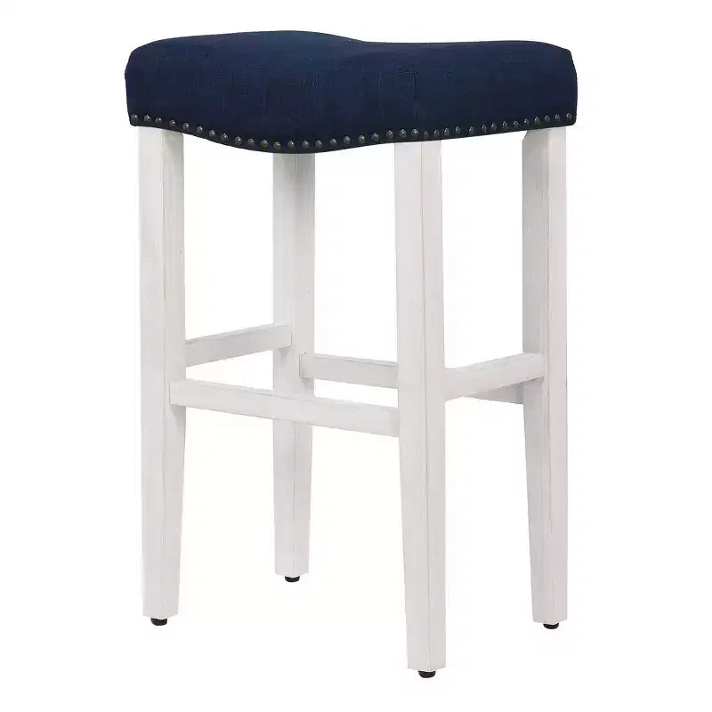 Tabouret de bar sans dossier avec assise rembourrée en forme de selle blanc antique/bleu marine