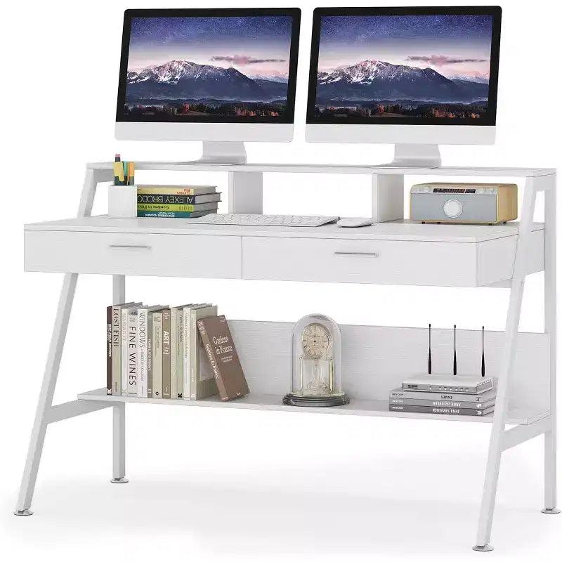 Lantine Modern 47 Computer Desk with Storage Shelf & Drawers Office Writing Desk Study Table with Monitor Stand Riser for Home Office