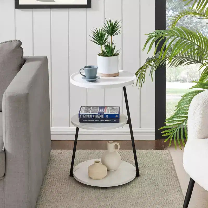 Table d'appoint ronde à 3 niveaux de style Mid-Century avec pieds en piédestal modernes