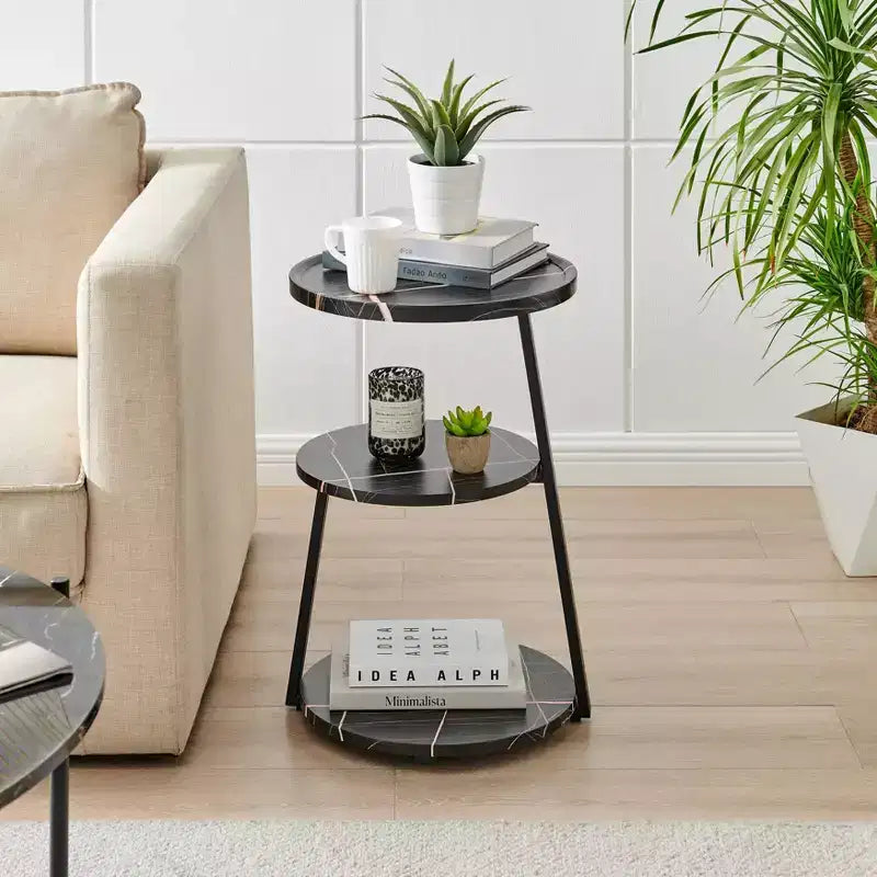 Table d'appoint ronde à 3 niveaux de style Mid-Century avec pieds en piédestal modernes