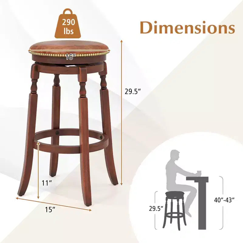 Tabouret de bar pivotant avec assise rembourrée et structure en bois d'hévéa