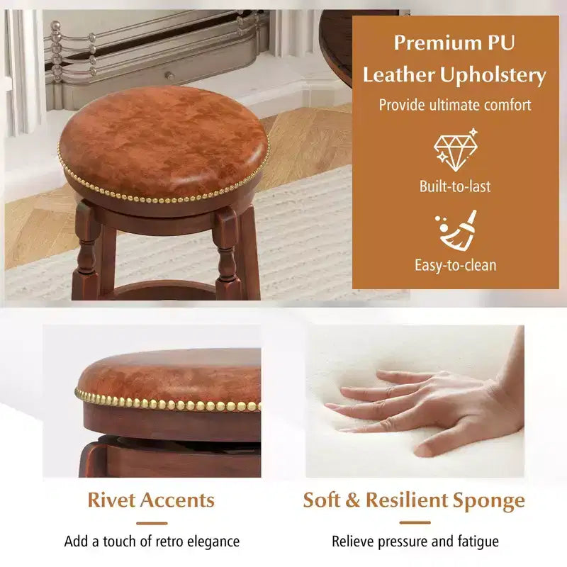Tabouret de bar pivotant avec assise rembourrée et structure en bois d'hévéa