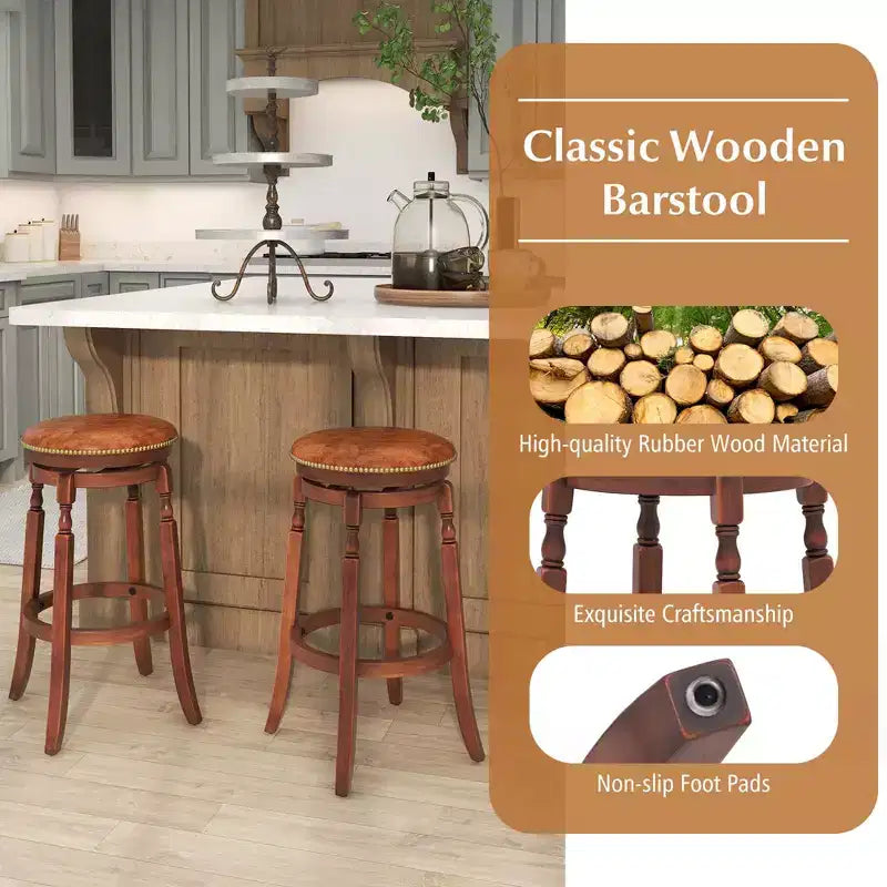 Tabouret de bar pivotant avec assise rembourrée et structure en bois d'hévéa