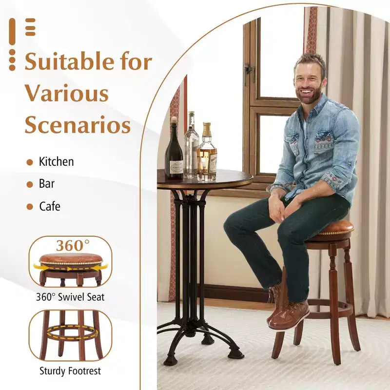 Tabouret de bar pivotant avec assise rembourrée et structure en bois d'hévéa