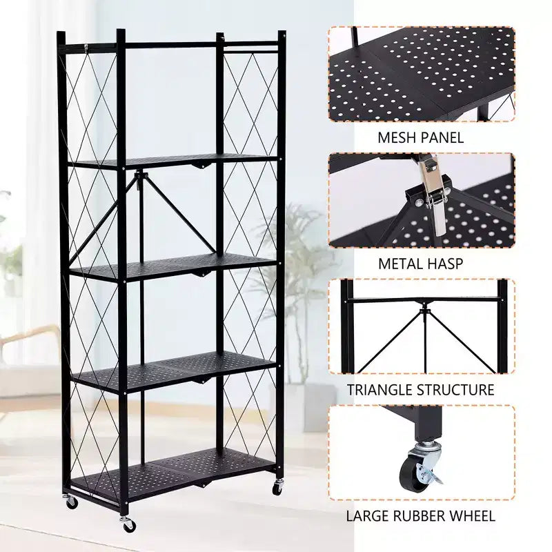 Étagère de rangement pliable à 5 niveaux avec roulettes