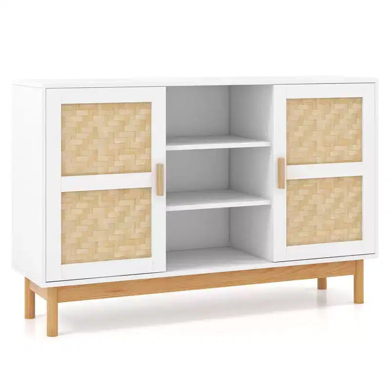 Meuble Buffet Commode avec 2 Portes Tressées en Bambou et 3 Étagères Ouvertes