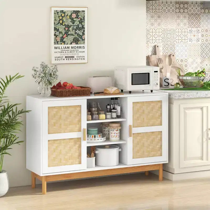 Meuble Buffet Commode avec 2 Portes Tressées en Bambou et 3 Étagères Ouvertes