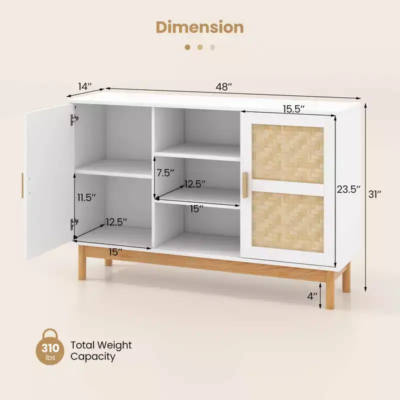 Meuble Buffet Commode avec 2 Portes Tressées en Bambou et 3 Étagères Ouvertes