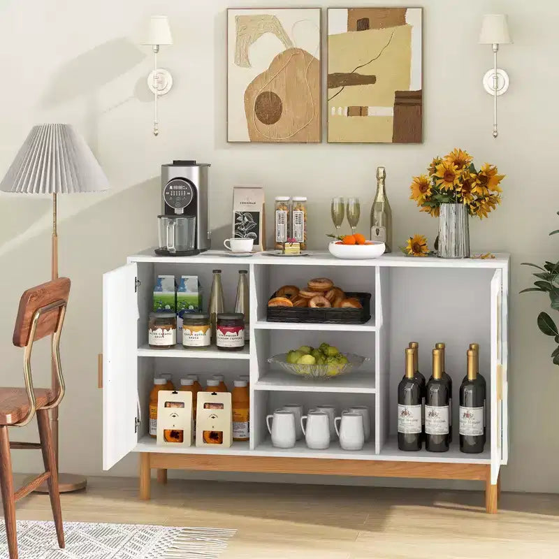 Meuble Buffet Commode avec 2 Portes Tressées en Bambou et 3 Étagères Ouvertes