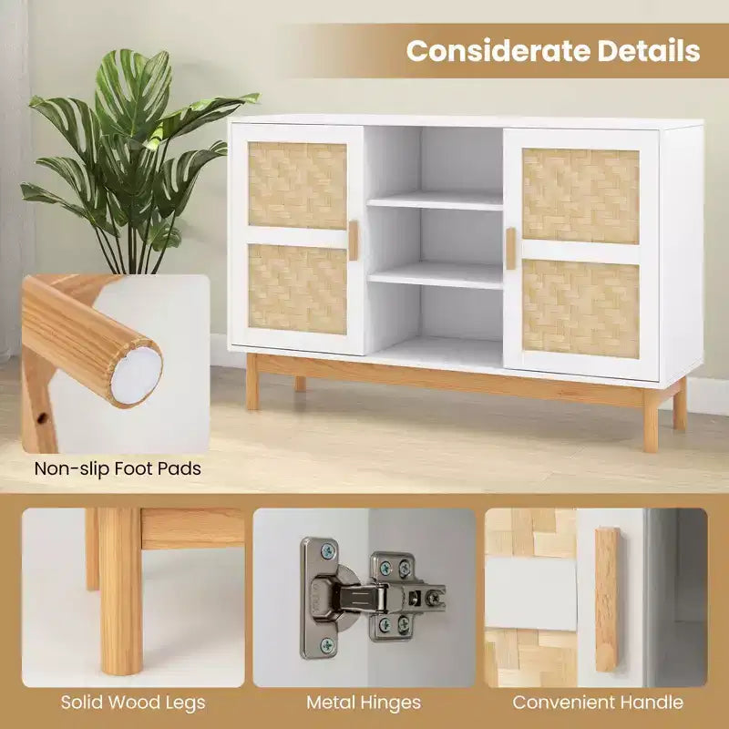 Meuble Buffet Commode avec 2 Portes Tressées en Bambou et 3 Étagères Ouvertes