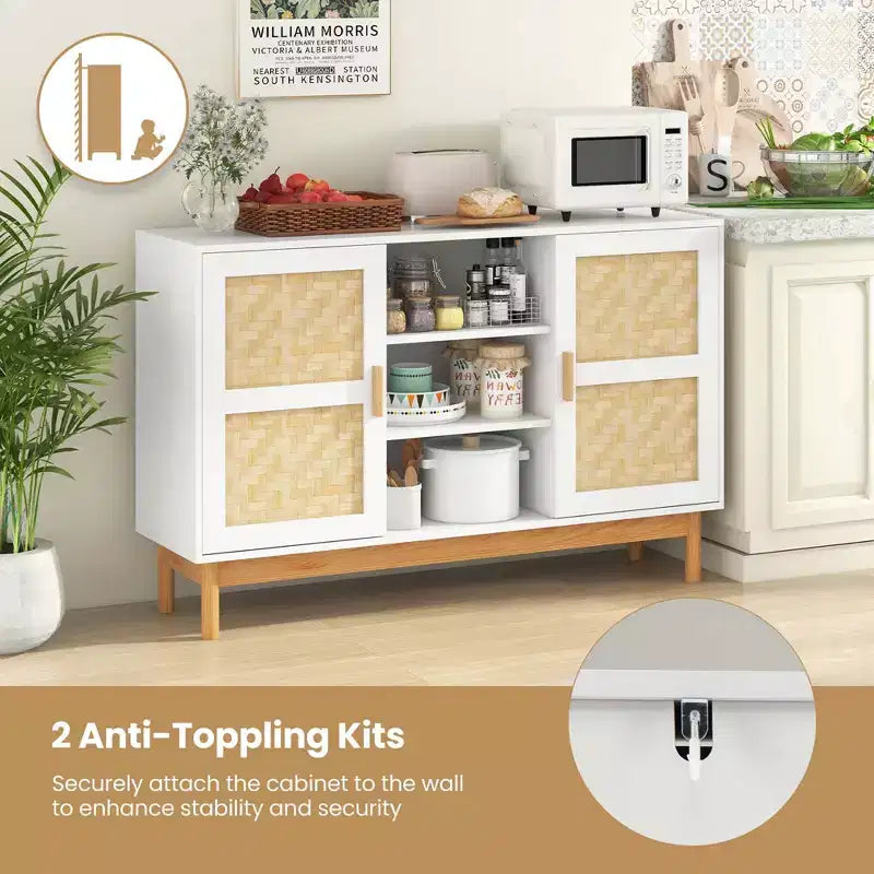 Meuble Buffet Commode avec 2 Portes Tressées en Bambou et 3 Étagères Ouvertes