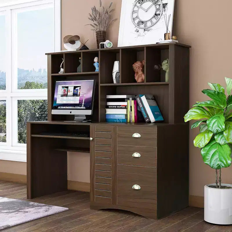 Home Office Desk Computer Desk with Hutch Writing Desk Workstation with Drawers 4W - ModernLuxe