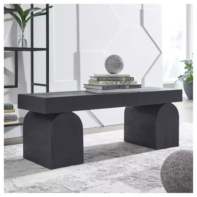 Banc d'appoint – Bois massif noir mat avec pieds décoratifs surdimensionnés